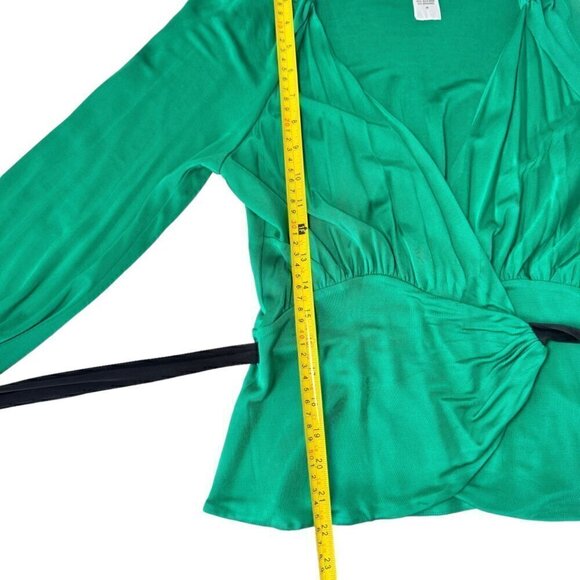 Diane von Furstenberg  Wrap Top Sz.M Green Sash Black Belt Bow Long Sleeve - Picture 14 of 16